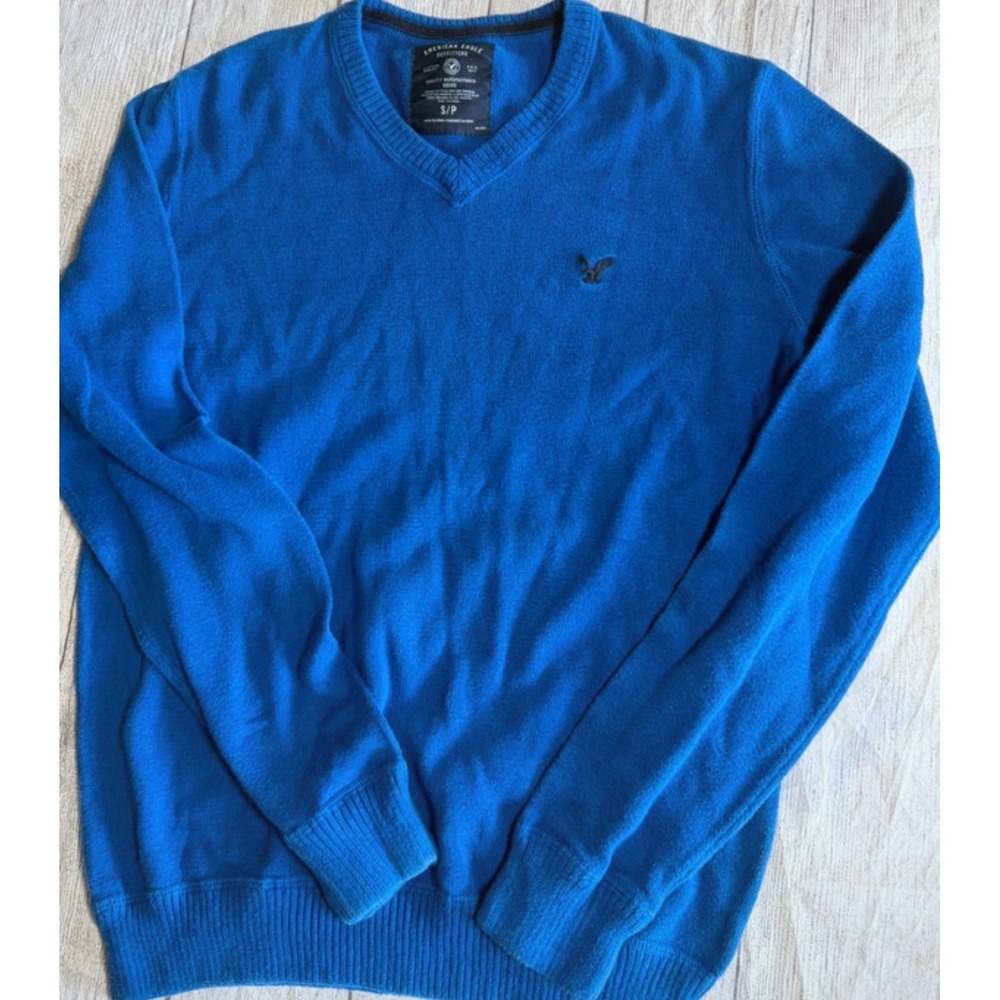 American Eagle Outfitters Mens V-Neck Sweater Blue Long Sleeve Logo Small S/P